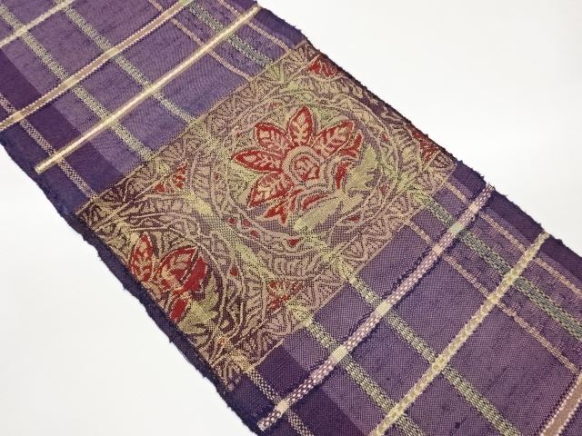 JAPANESE KIMONO / NAGOYA OBI / MAWATA TSUMUGI / WOVEN ROUNDEL CREST & PLANT 